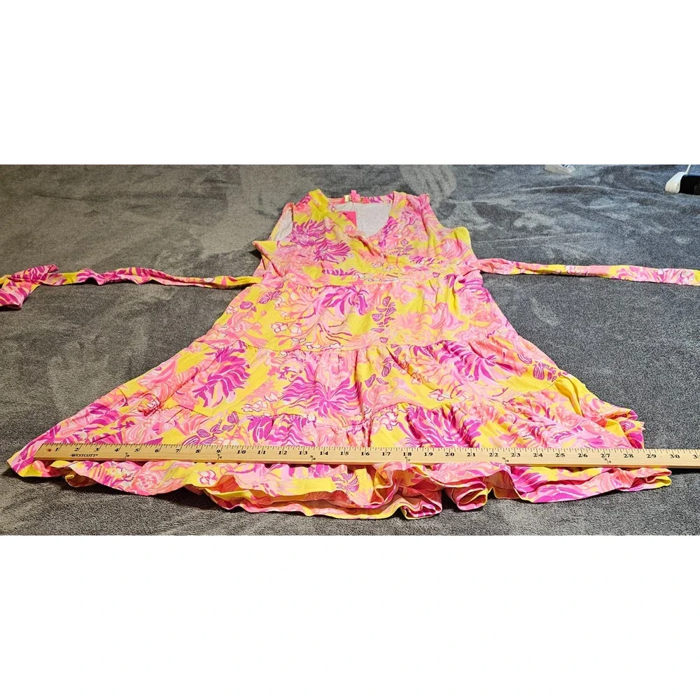 Lilly Pulitzer Folly Floral Wrap Dress Calla Yellow Floral Coral Sleeveless Sz L - Picture 11 of 12